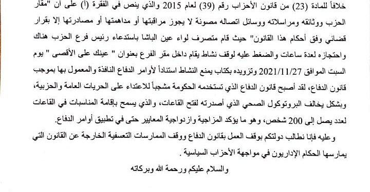 مذكرة من “العمل الإسلامي” للحكومة تطالب بوقف تدخل الحكام الإداريين في الأنشطة المقامة داخل مقرات الأحزاب