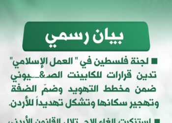 لجنة فلسطين في ” العمل الإسلامي” تدين قرارات للكابينت الصهيوني ضمن مخطط التهويد وضمّ الضفة وتهجير سكانها وتشكل تهديداً للأردن